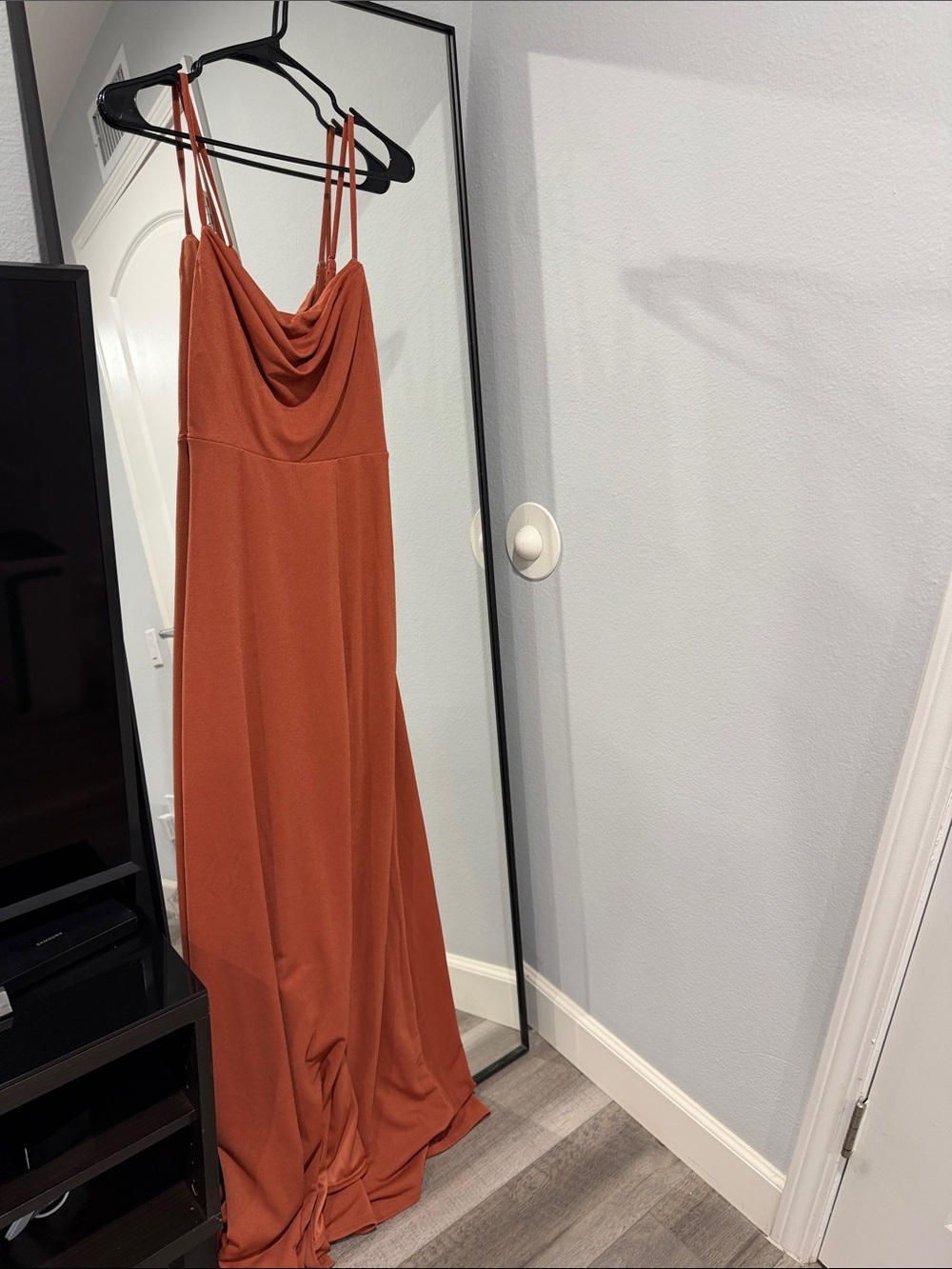Rust Cowl-Neck Maxi Dress with Double Spaghetti Straps